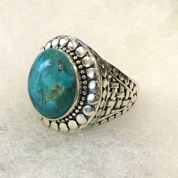Turquoise Cabochon and Sterling Silver Basket Weave Ring Sz 7 or Sz 8 - Picture 10 of 12